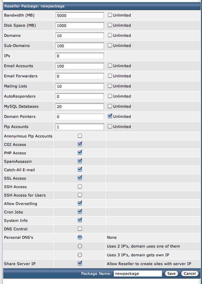 DirectAdmin Add Package screen.