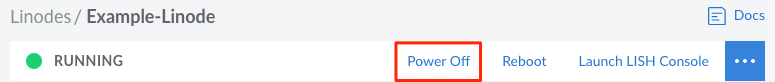 Screenshot of a Linode Details page with the Power Off button highlighted