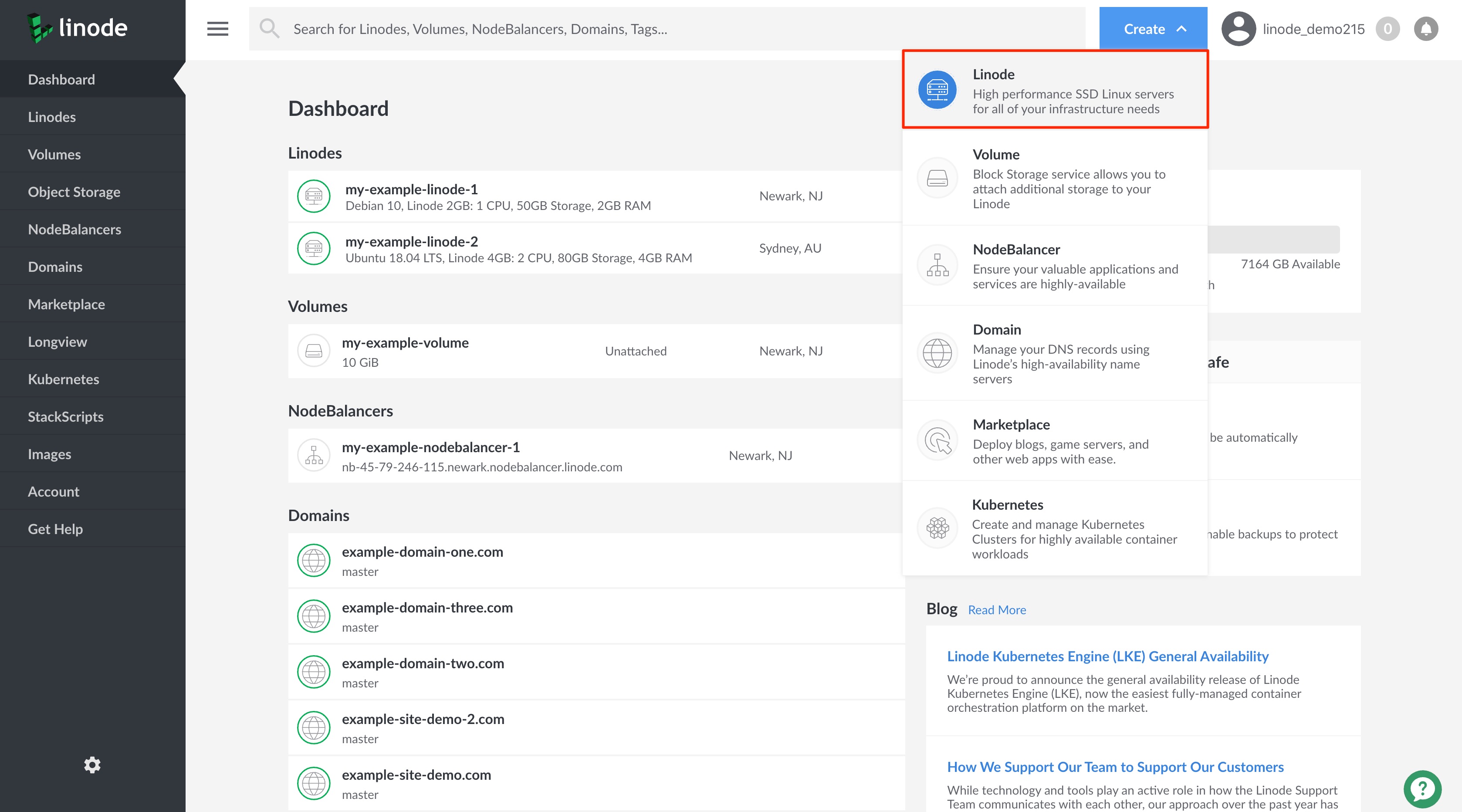 Select Linode from the Create menu.