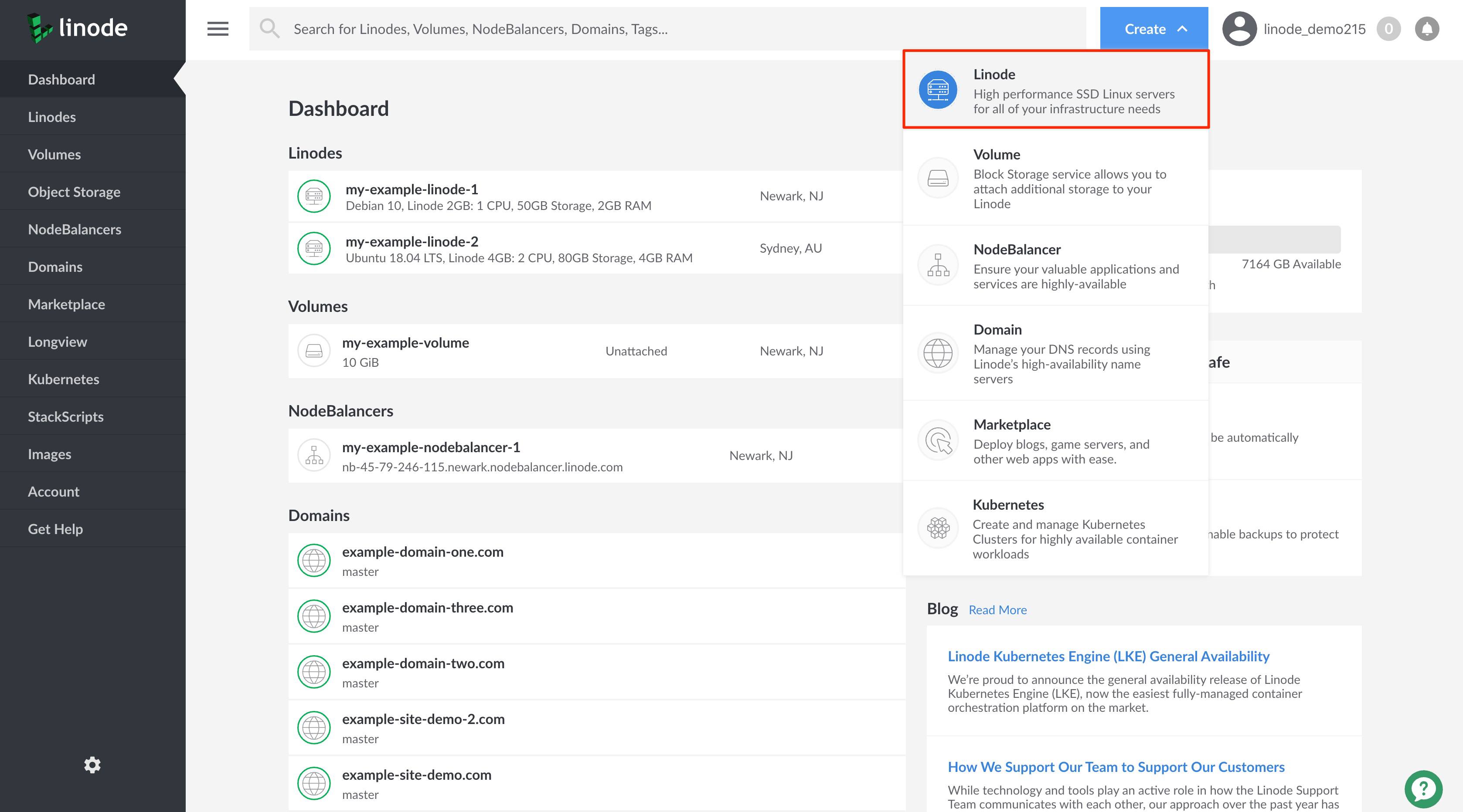 Select Linode from the Create menu.