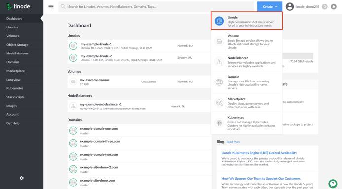Select Linode from the Create menu.