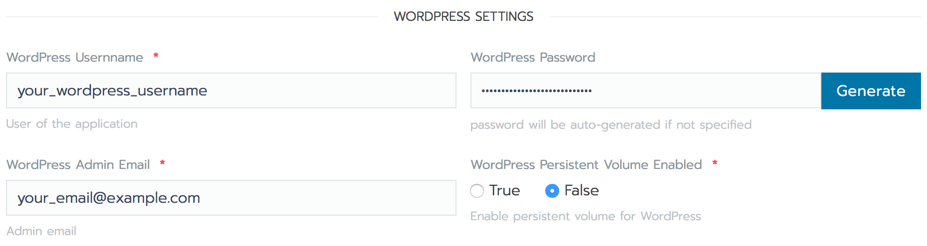 Rancher WordPress setup form - WordPress Settings