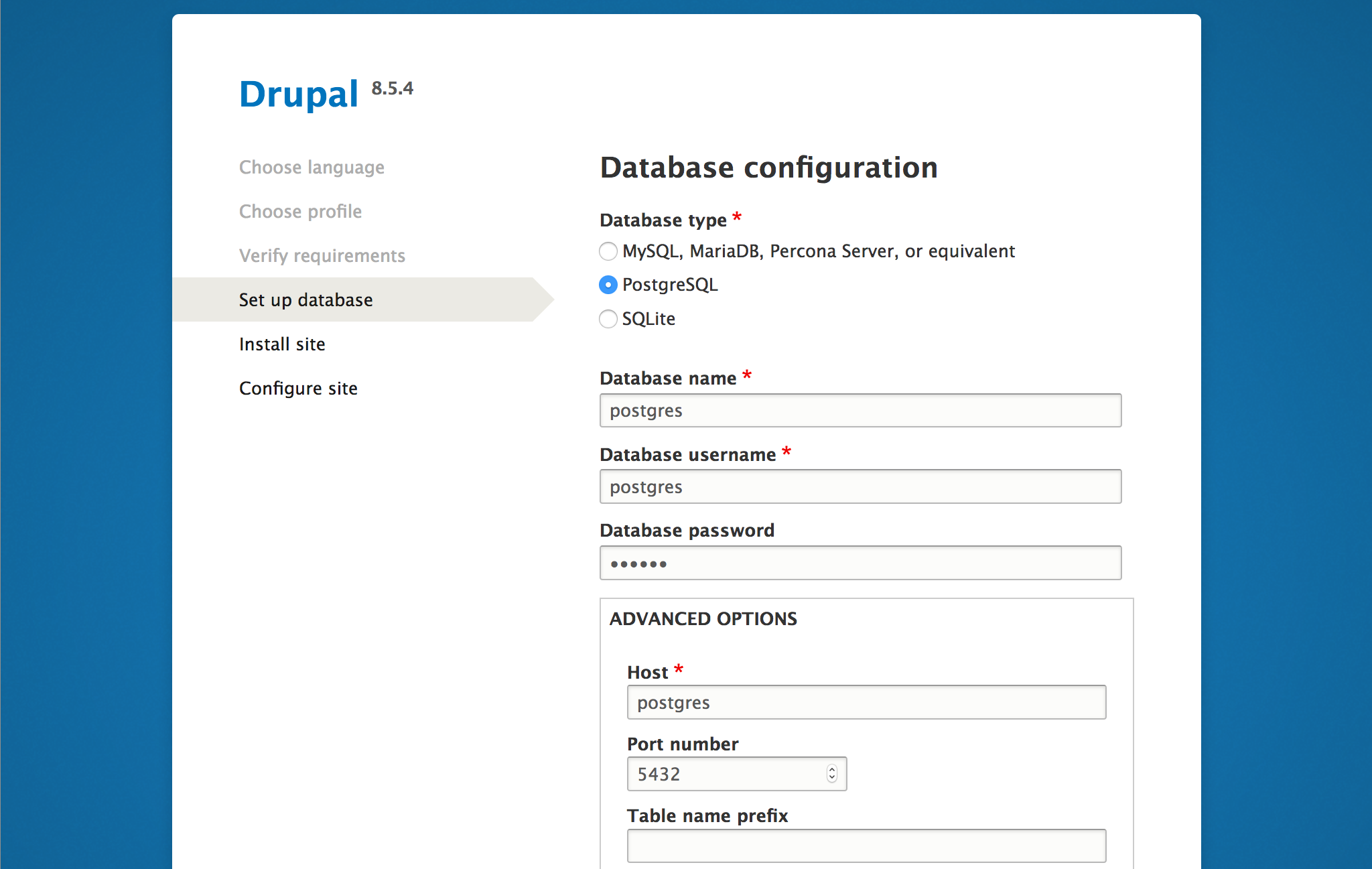 Drupal setup screen in the web browser - &lsquo;Set up database&rsquo; page