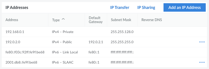 The IP Addresses table on the Network tab
