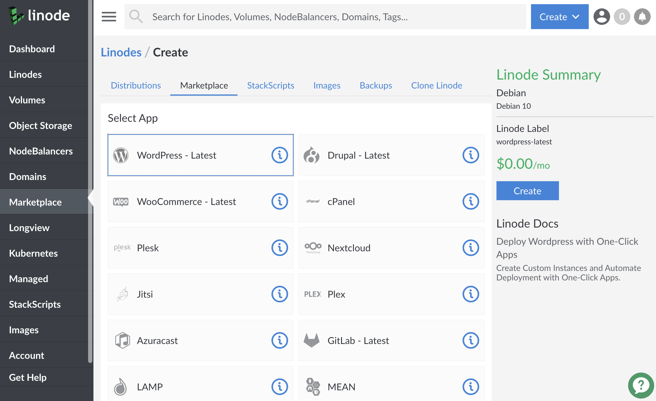 Select the &lsquo;Marketplace&rsquo; tab on the Create New Linode page