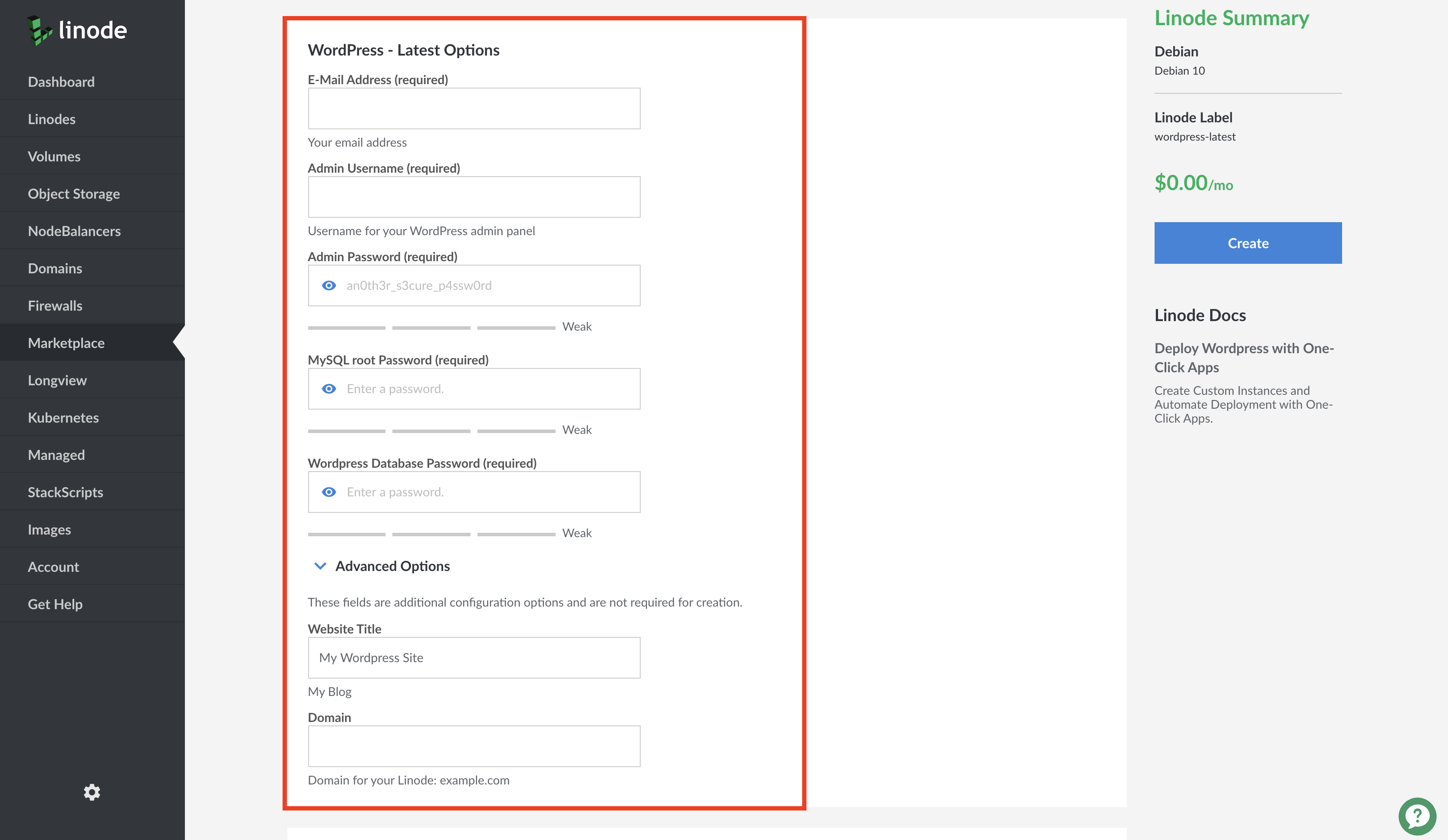 Fill out the required Options fields, which are marked with an asterisk