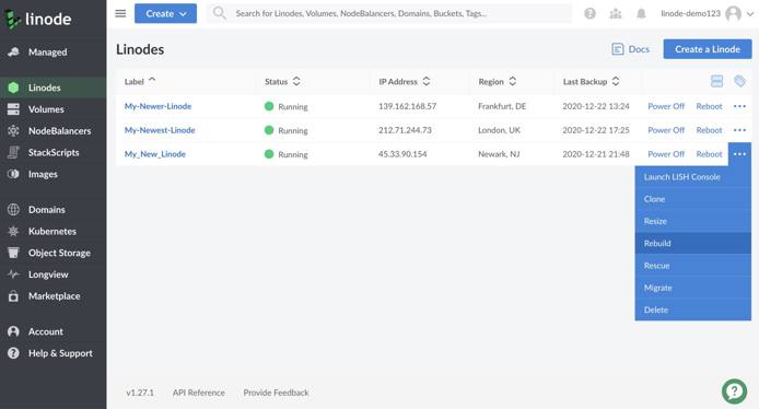 Linode Cloud Manager Linodes page