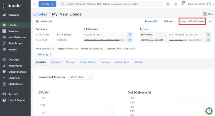 Linode Cloud Manager Linode detail page - Launch Console button highlighted