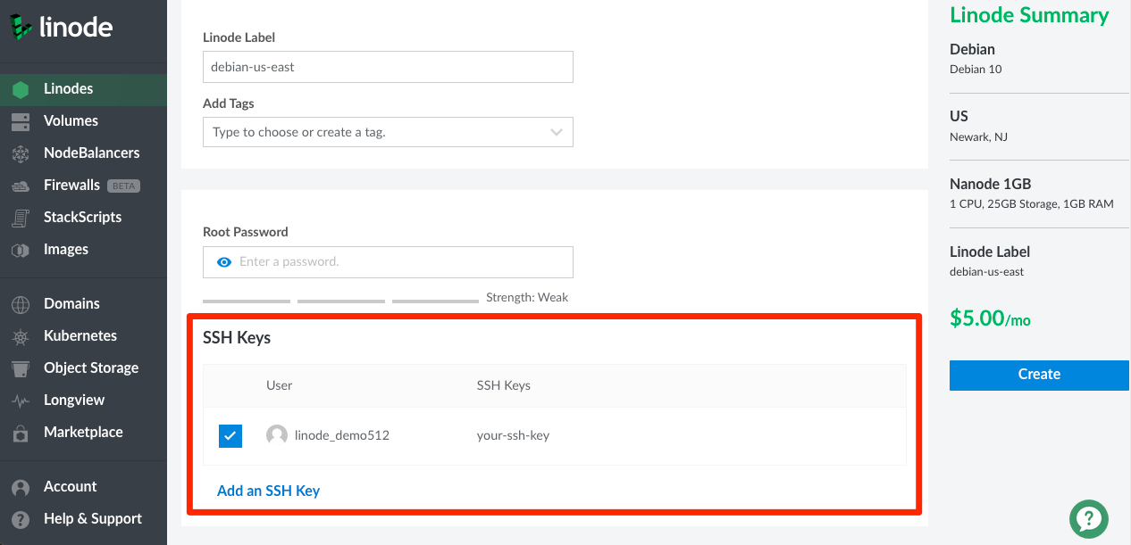 SSH Keys field in the Create Linode form