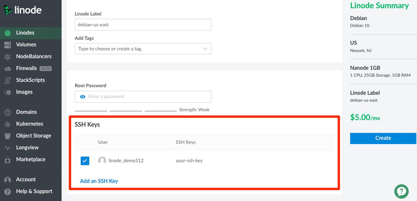 SSH Keys field in the Create Linode form