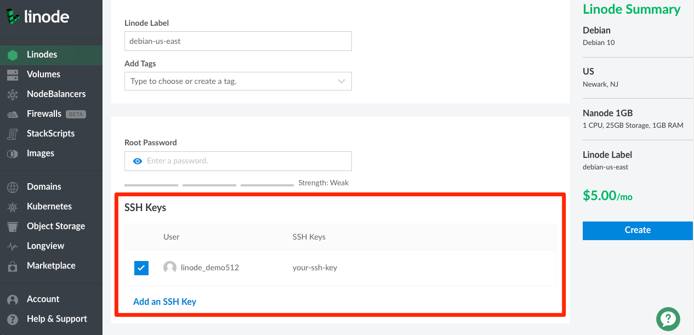 SSH Keys field in the Create Linode form