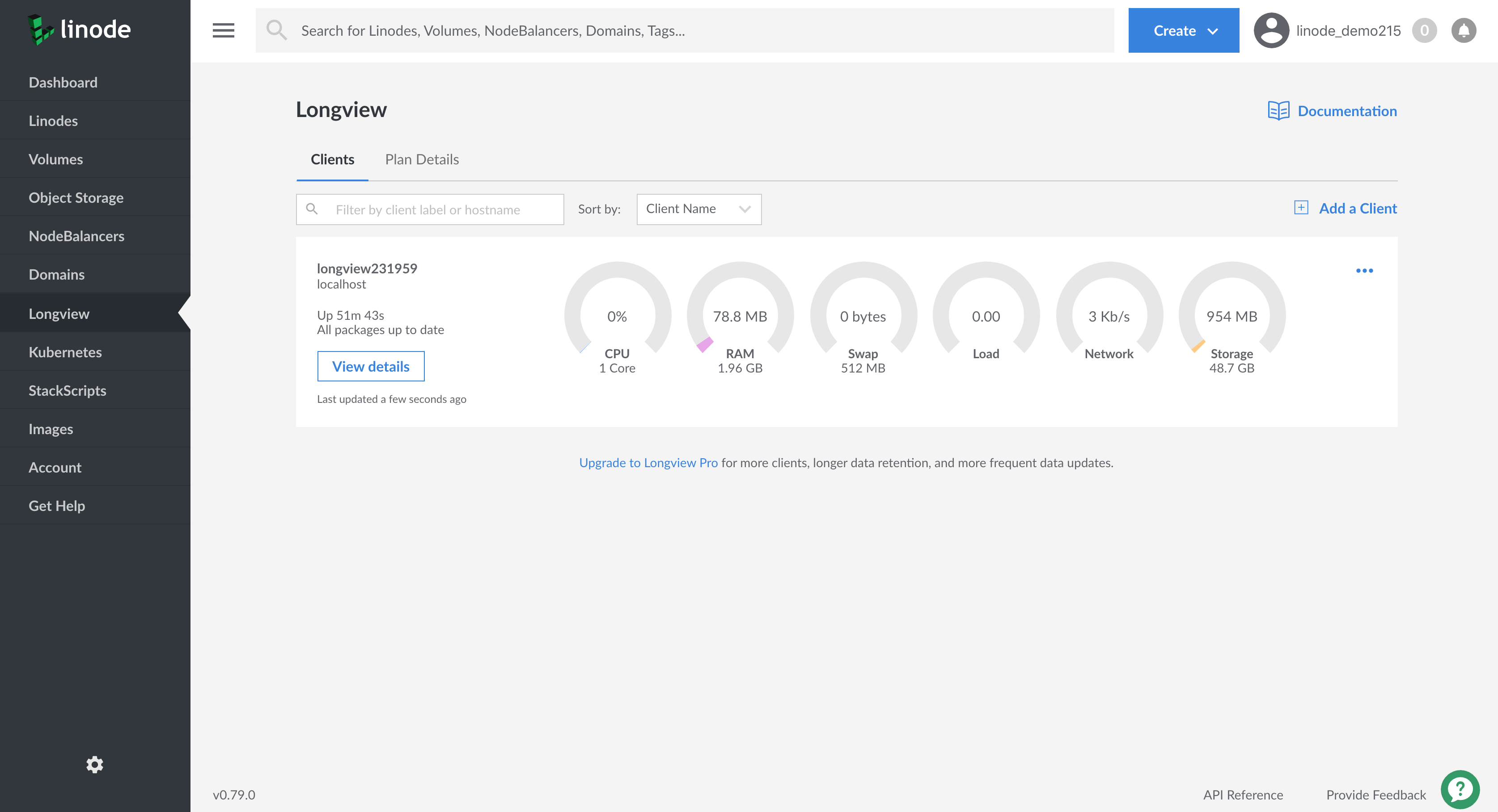 Linode Cloud Manager Longview Clients Overview metrics