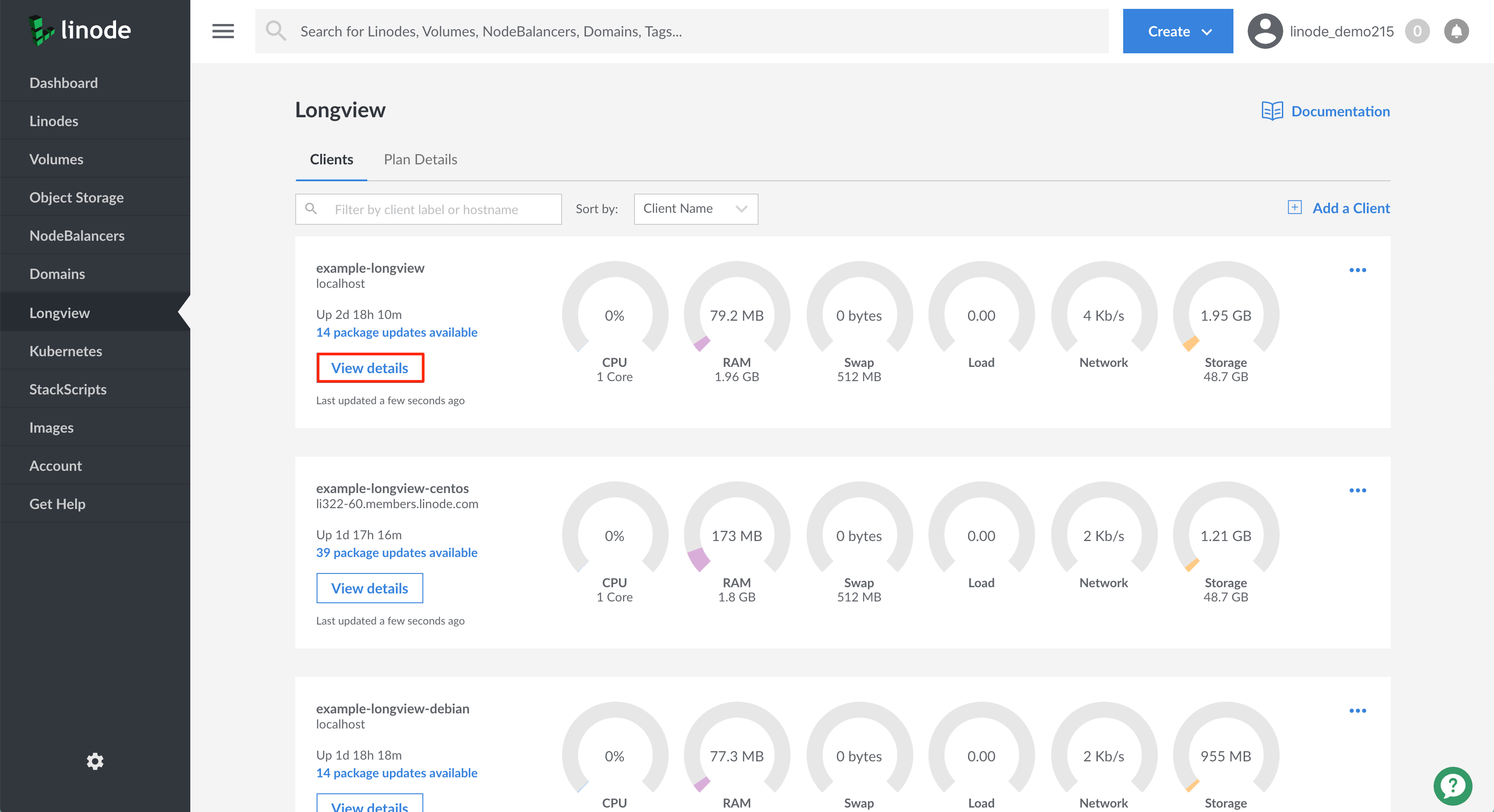 View details for your Longview Client instance