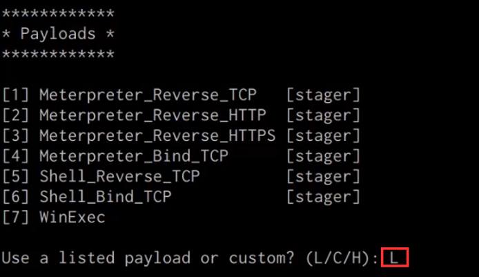 Shellter payload selection menu